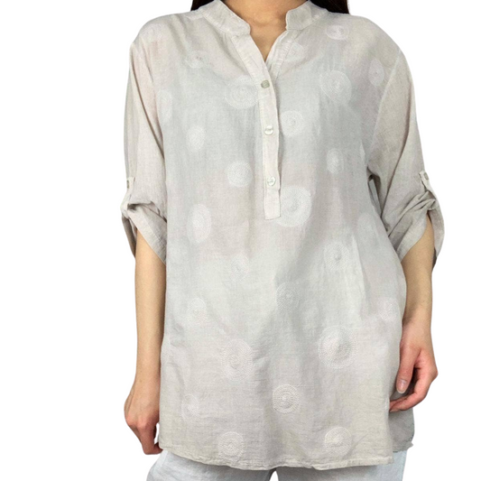 Faded Beige Embroidered Circles Detail Italian Collarless Long Sleeve V-Neck Shirt