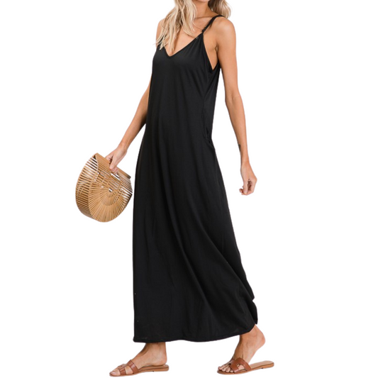 Classic Black Spaghetti Strap Maxi Dress with Pockets