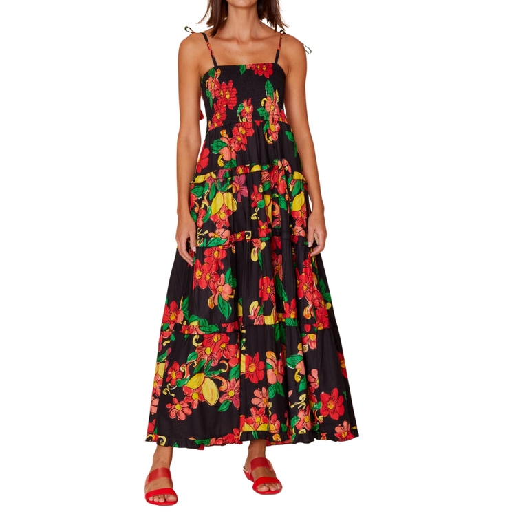 Black with Floral Citrus Print Smocked Spaghetti Strap Tiered Ruffled Maxi