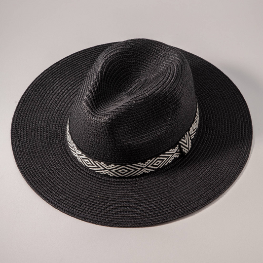 Aztec Strap Straw Fedora Hat (Black)