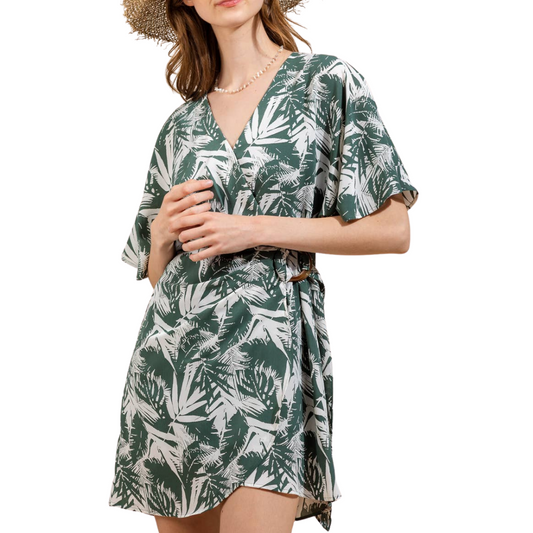 Green Tropical Printed V-Neck Short Sleeve Overlap Mini Dress