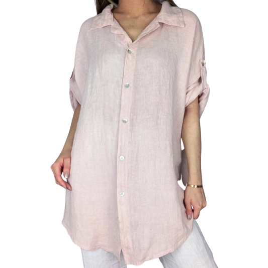 Long Pink Italian Linen Button Down Long Sleeve Top