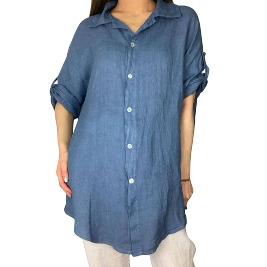 Long Blue Italian Linen Button Down Long Sleeve Top