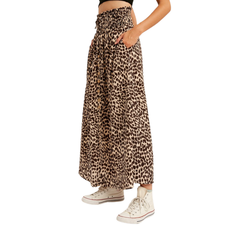 Thick Smocked Waist Animal Print Button Down Skirt