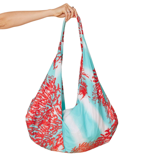 Turquoise with Coral Print Crescent-Shaped Hobo Banana Summer Bag