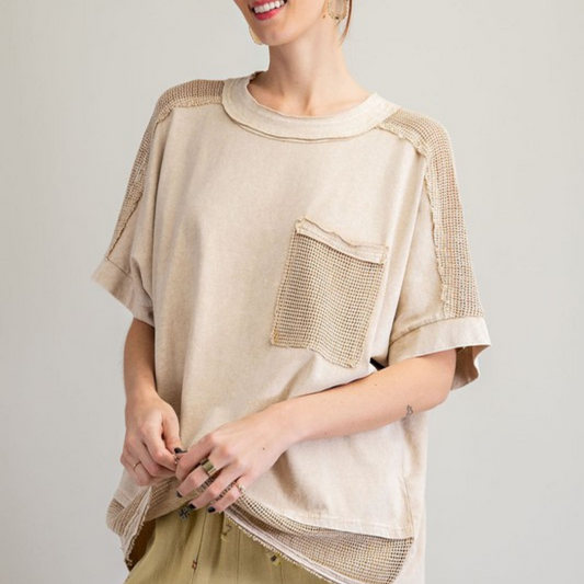 Khaki Cotton with Fishnet Mesh Detail Mineral Washed Loose Boxy Top