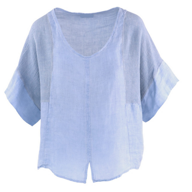 Sky Blue Italian Cotton Linen Short Sleeve Top