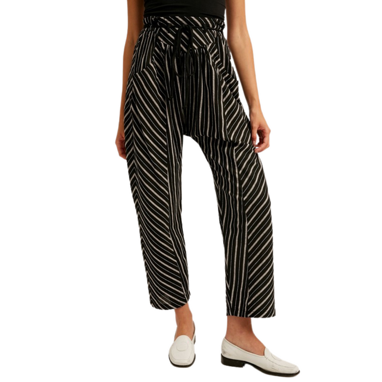 Black White Multi Striped Paper Bag Elastic Waist Baggy Pants