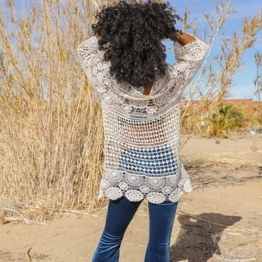 White Crochet Tunic Top with Lace Up Neck