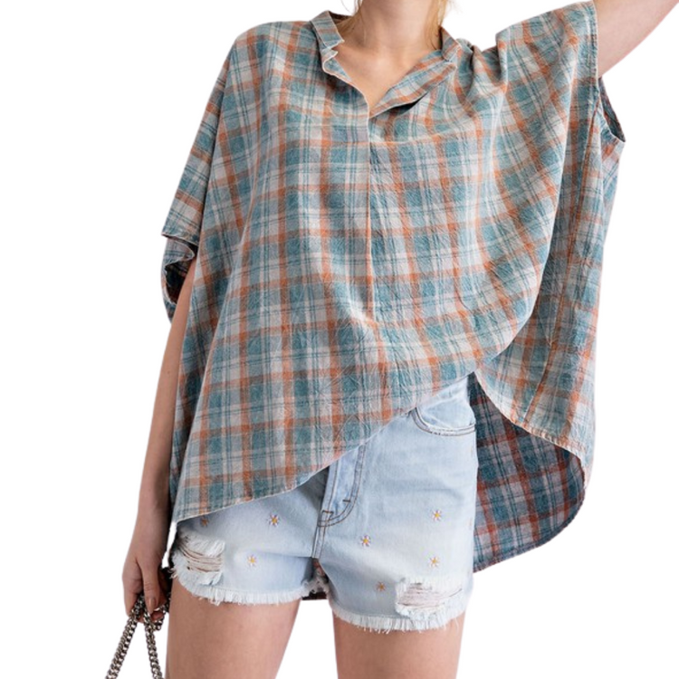 Mineral Wash Blue Rust Plaid Loose Fit V-Neck Top