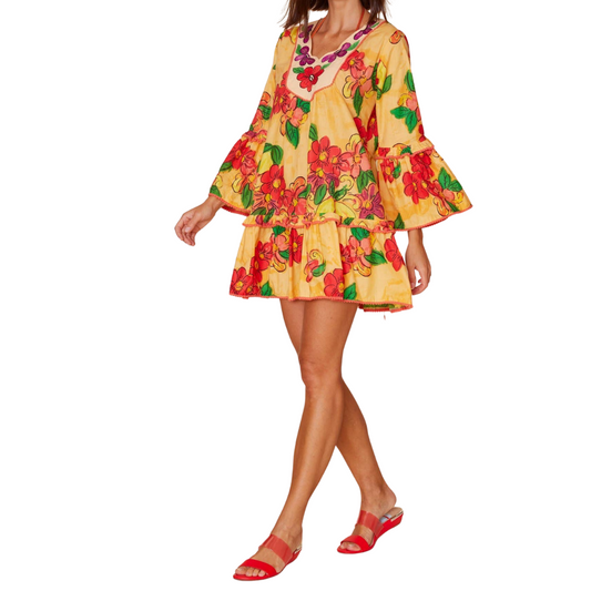 Bell Sleeve Orange with Floral Citrus Print Mini Dress with Bottom Ruffle Detail