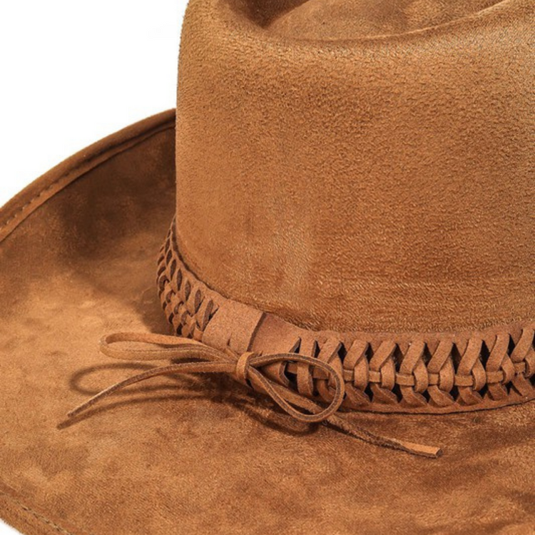 Tan Brown Faux Suede Cowboy Hat With Brown Braided Trim