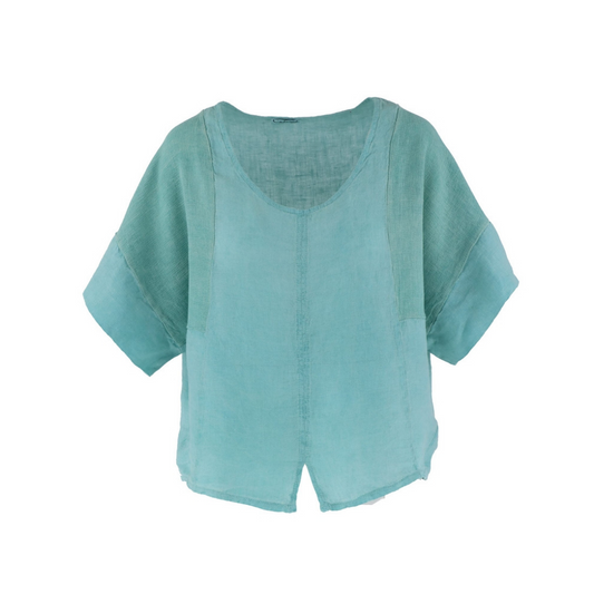 Aquamarine Italian Cotton Linen Short Sleeve Top