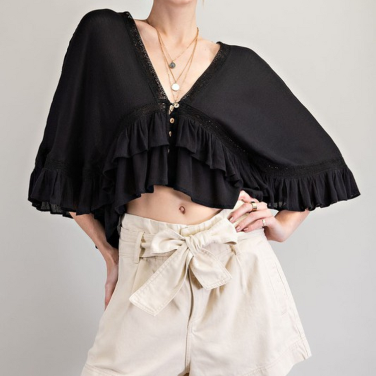 Black Ruffled Wing Sleeve Top