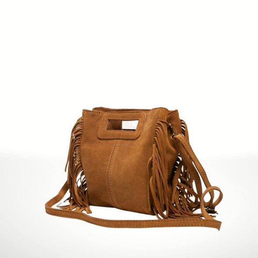 Italian Tan Suede Leather Crossbody Hand Purse with Side Fringe