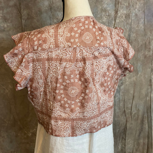 Mauve Taupe and Cream Bandana Pattern Ruffled Tie Front Top.