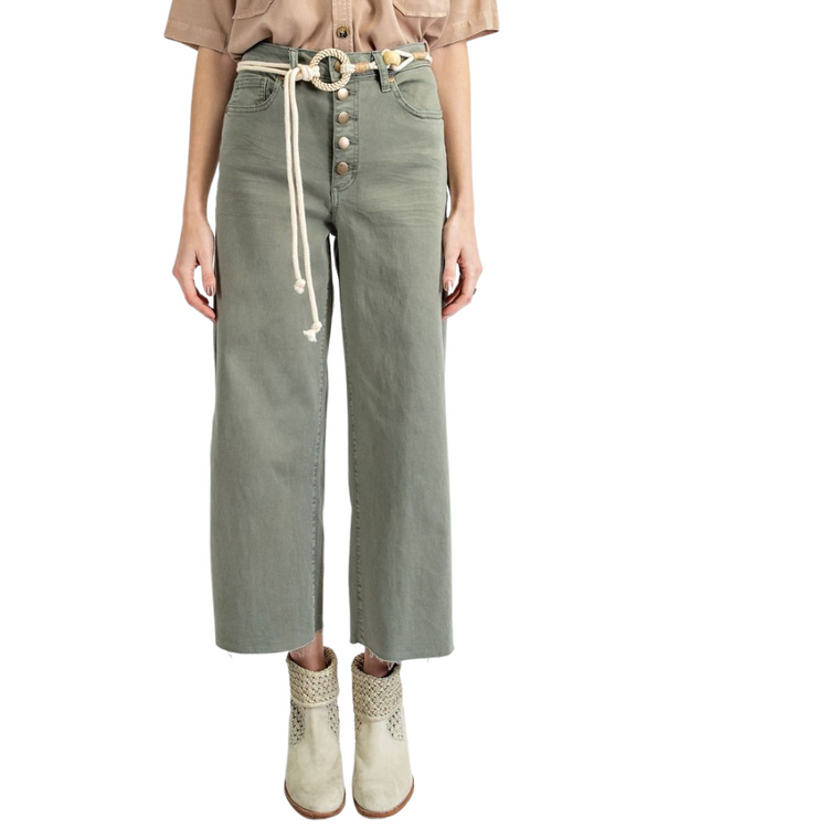 Olive Sage Button Front Wide Leg Raw Hem Cropped Twill Pants