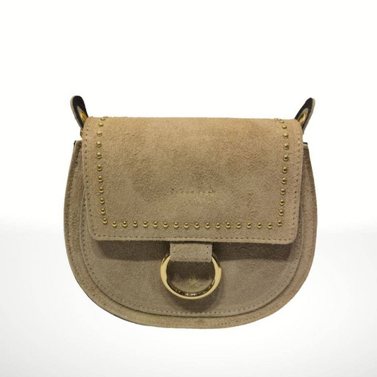 Taupe Italian Suede Leather Classic Saddle Bag Crossbody Purse with Gold Studded Accents