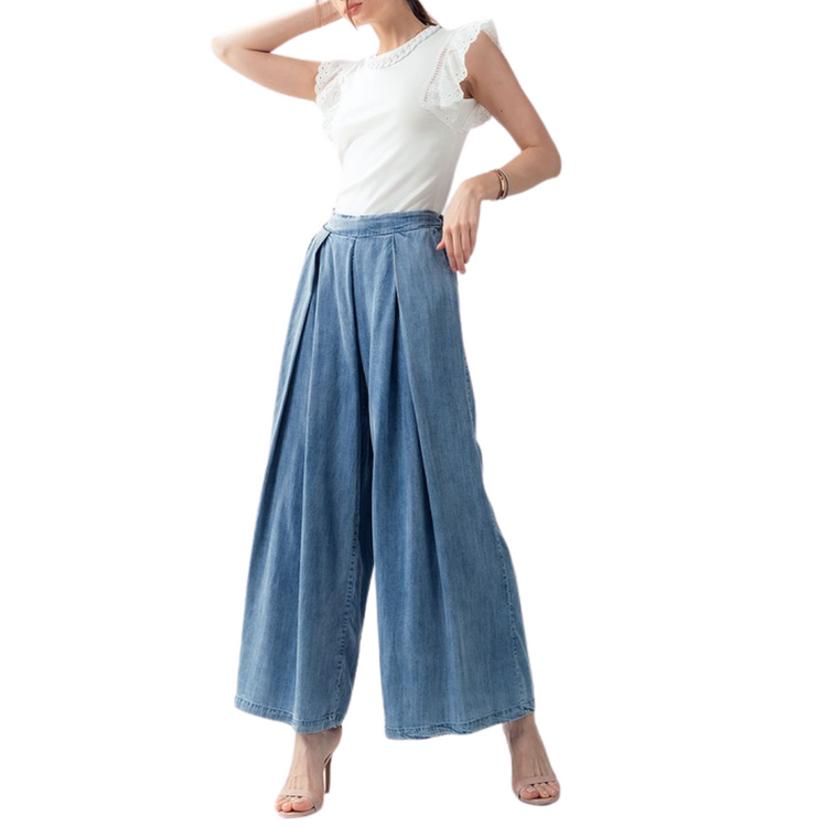 High Waist Pleated Chambray Denim Wide Leg Pant