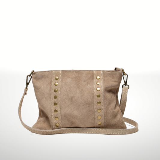 Taupe Italian Suede Leather Crossbody Purse with Gold Studded Accents