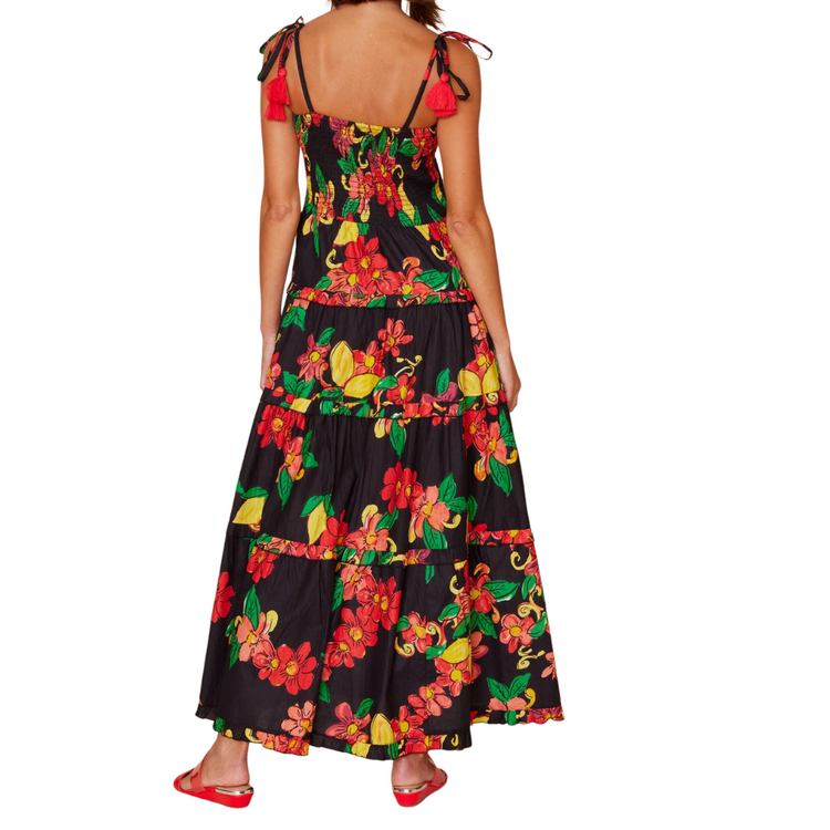 Black with Floral Citrus Print Smocked Spaghetti Strap Tiered Ruffled Maxi