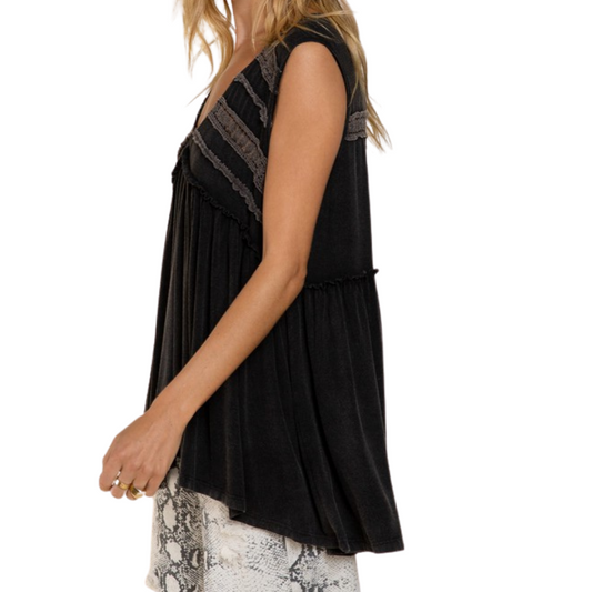 Black Ultra Soft Babydoll Sleeveless Tank Top with Lace Trim Detail