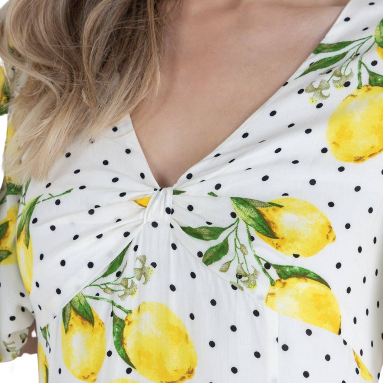 White with Black Polkadots and Lemons V-Neck Short Puff Sleeve Maxi Dress