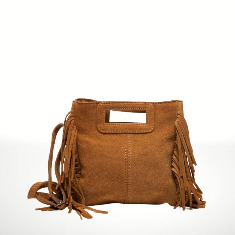 Italian Tan Suede Leather Crossbody Hand Purse with Side Fringe