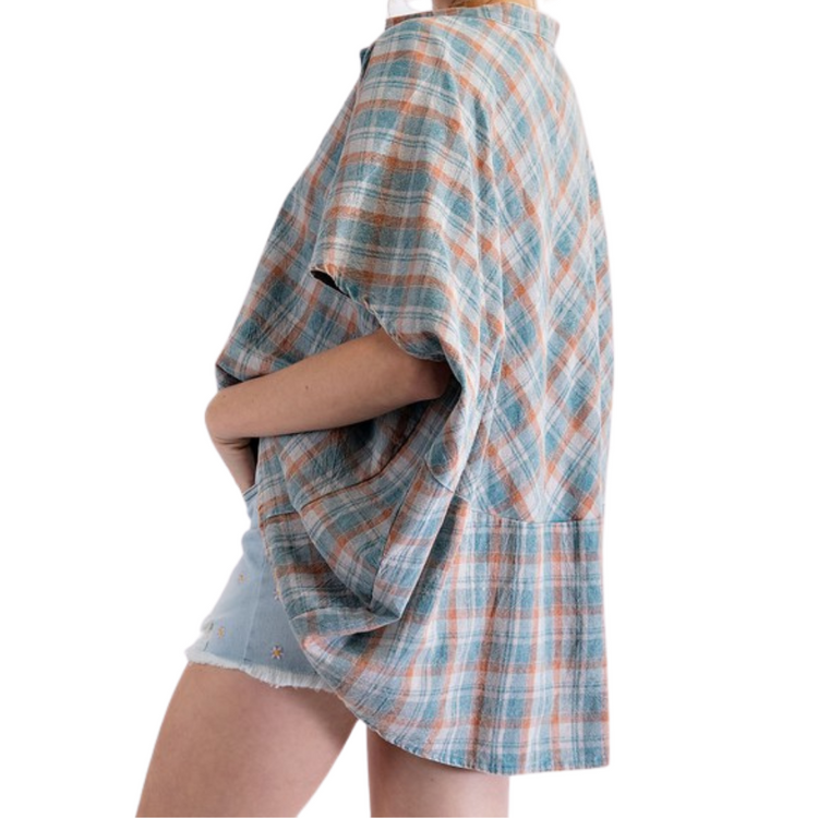 Mineral Wash Blue Rust Plaid Loose Fit V-Neck Top