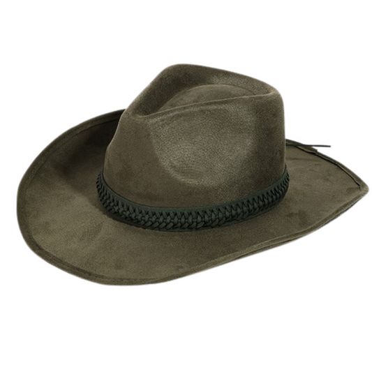 Olive Green Suede Cowboy Hat With Olive Braided Faux Trim