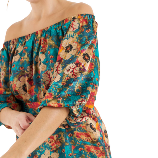 Teal Floral Off Shoulder Belted Babydoll Mini Dress