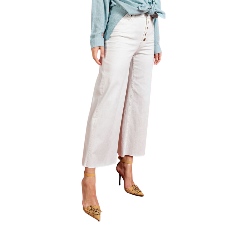 White Button Front Wide Leg Raw Hem Cropped Twill Pants