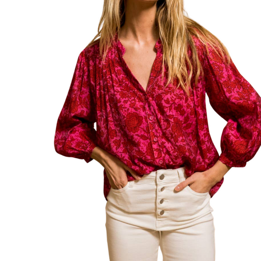 Fuchsia Floral Long Sleeve Ultra Light Weight Button Down Top