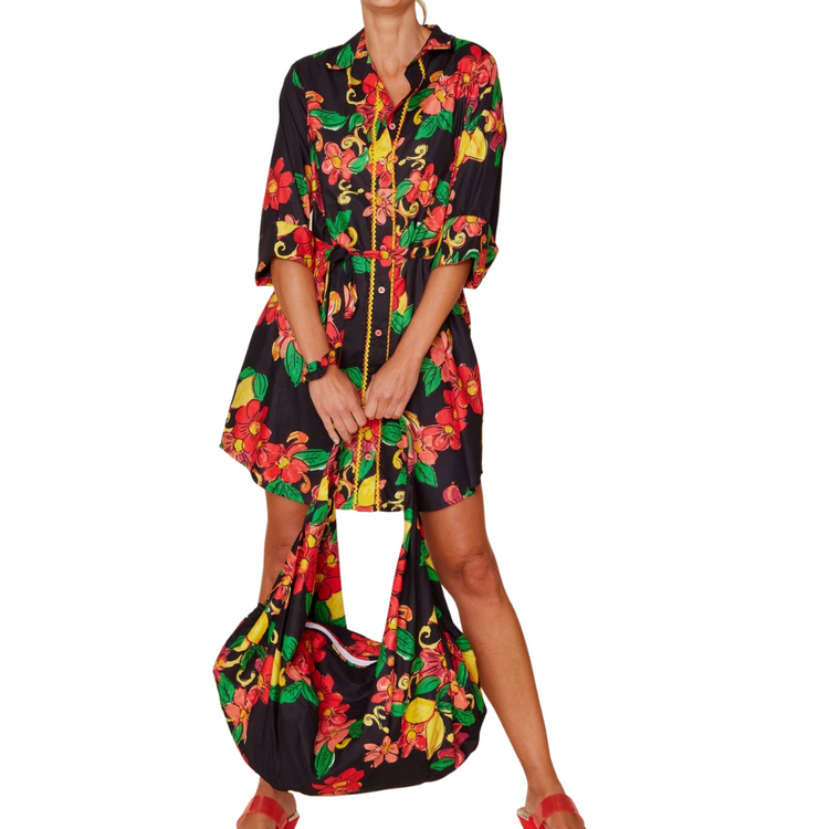 Belted Black with Floral and Citrus Print Embellished Button Down Shirt Dress