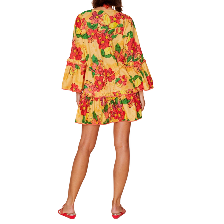 Bell Sleeve Orange with Floral Citrus Print Mini Dress with Bottom Ruffle Detail