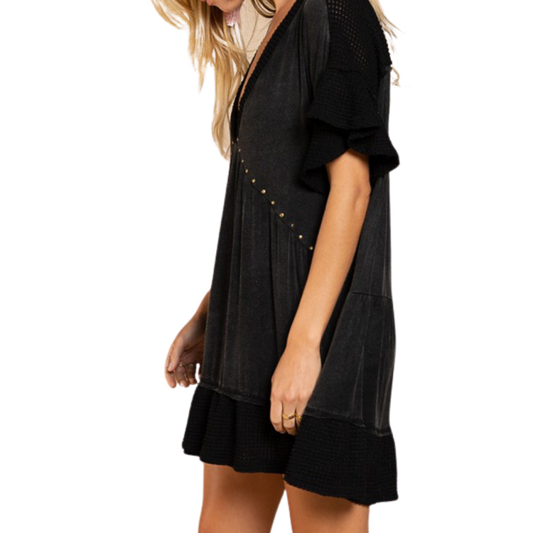 Black Gold Studded A-Line V-Neck Bell Sleeve Loose Tunic Top Dress