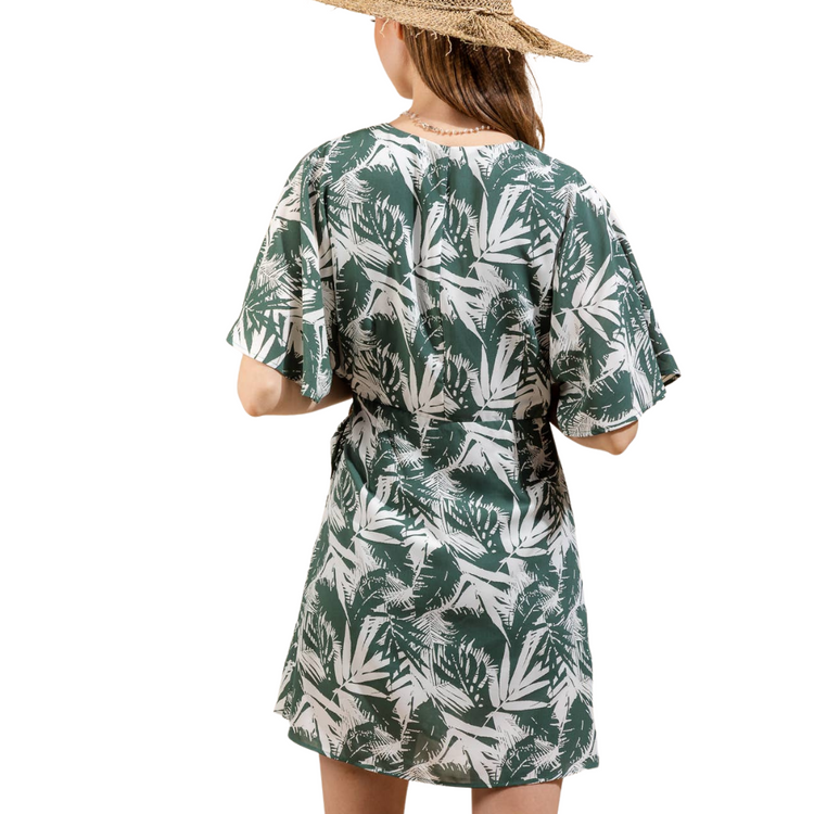 Green Tropical Printed V-Neck Short Sleeve Overlap Mini Dress