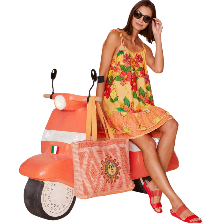 Spaghetti Tie Strap Yellow with Red Orange Floral Design Mini Dress and Sun Print Bottom Ruffle