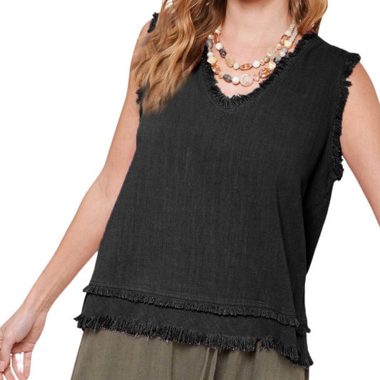 Black Linen Cotton Tank Top with Raw Edge Shoulder and Bottom Edging