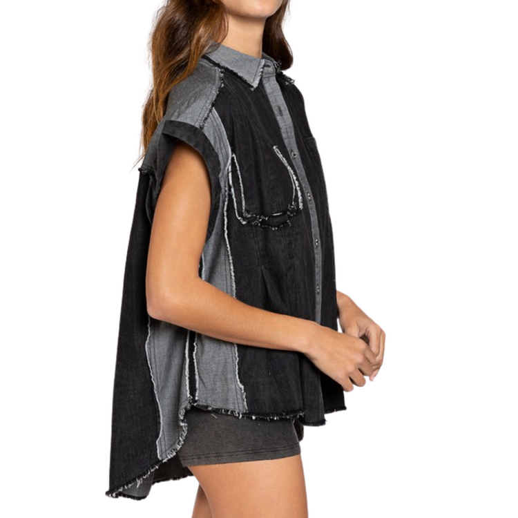 Black Denim Oversized Pleated Button Down Top