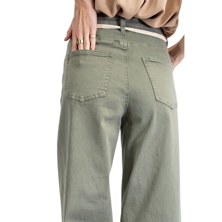 Olive Sage Button Front Wide Leg Raw Hem Cropped Twill Pants