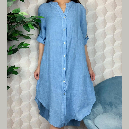 Long Blue Italian Linen Button Down Collarless Long Sleeve Shirt Dress