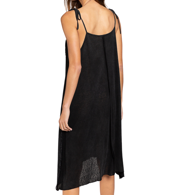 Black Button Down Shoulder Tie Knee Length Dress with Raw Edge Detailing and Contrast Fabric Panels