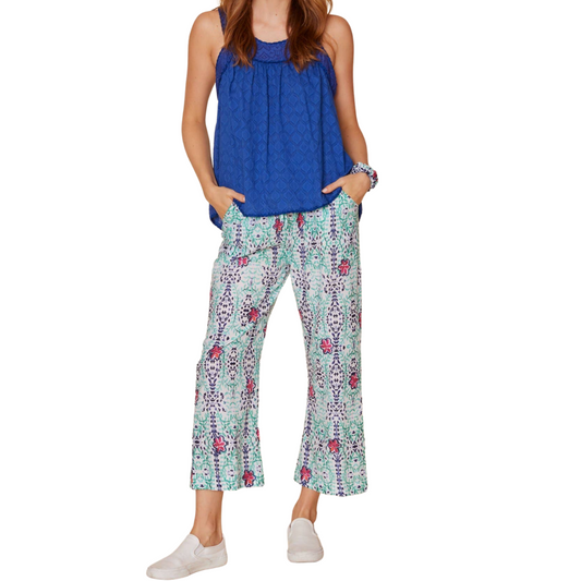 White with Aqua Blue Kaleidoscope Floral Print High Waist Elastic Cotton Drawstring Pants