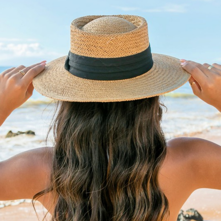 Khaki Woven Straw Ratan Fedora Panama Hat with Black Hat Band