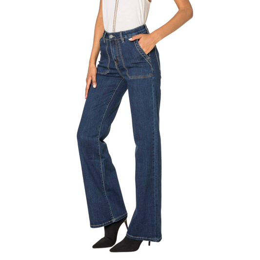 High-waisted Wide Leg Flare Stretch Jeans with Front Stitch Pocket Detail