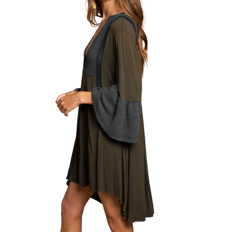 Deep Teal V-Neck Bell Sleeve Loose Tunic Top Dress