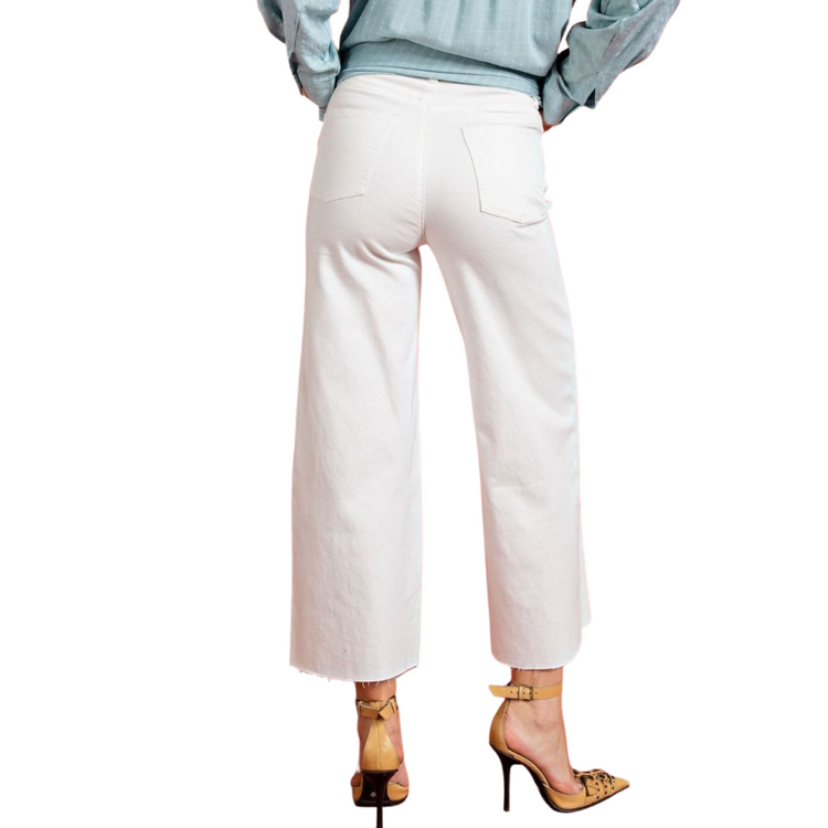 White Button Front Wide Leg Raw Hem Cropped Twill Pants