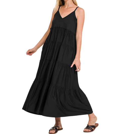 Perfect Black V-Neck Adjustable Spaghetti Strap Maxi Tiered Long Dress