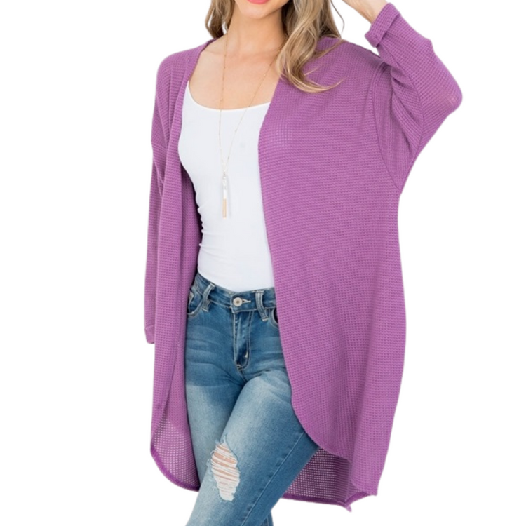 Lavender Violet Waffle Open Front Asymmetrical Cardigan